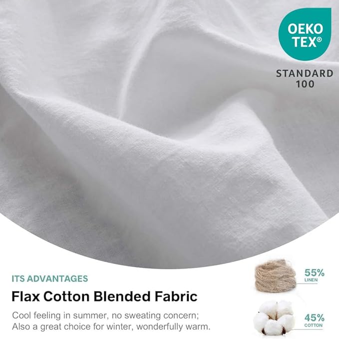 Simple&Opulence Belgian Linen Sheet Set Solid Color - 4 Pieces (1 Flat Sheet, 1 Fitted Sheet & 2 Pillowcases) Natural Flax Cotton Blend Soft Breathable Farmhouse Bedding - King Size, White