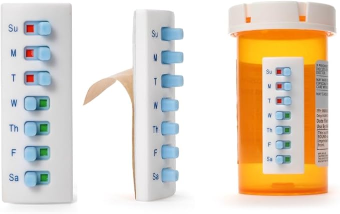 Peel and Stick Reusable for 12 + Refills, Pill/Medication/Vitamin/Pet Med Tracker & Reminder, Attach to Your Bottle, Organizer-Free, Curved‑Back (White, 2-Pack)