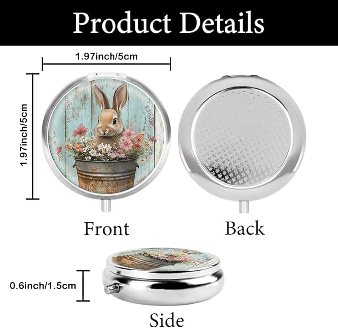 Portable Round 3 Compartment Metal Pill Box Features a Bunny in a Bucket Filled with Flowers for Organizing Medications Travel Essentials and Gift Giving