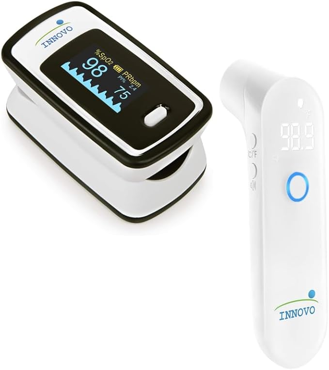 Innovo Medical Deluxe Fingertip Pulse Oximeter and Touchless Digital Forehead Thermometer Bundle