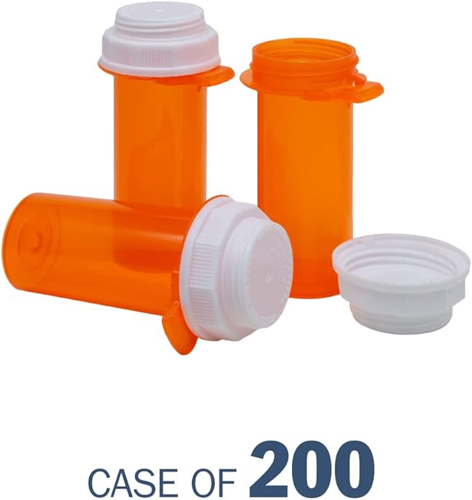 Ezy Dose Pill, Medicine, Vitamin Container & Vial, 13 Dram Storage, Child-Resistant Push-Tab Reversible Safety Cap, Easy-to-Use, Amber, Case of 200