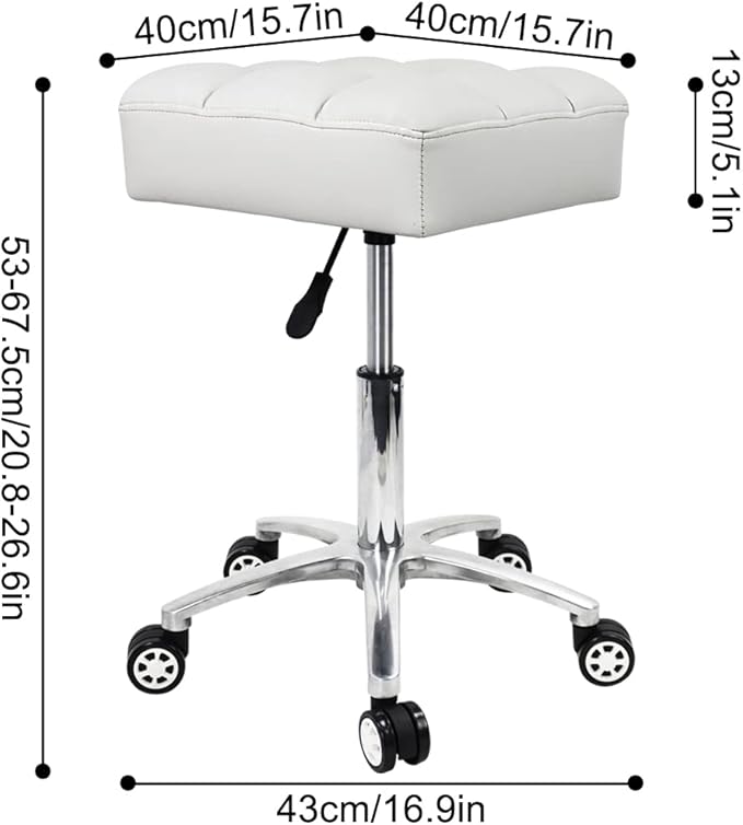 Rolling Stools Square Seat Thick PU Leather 360° Swivel Stool with Wheels Hydraulic Lift Height Adjustable Stool Chair for Home Kitchen Drafting Lab Office Salon Massage Stool（White）