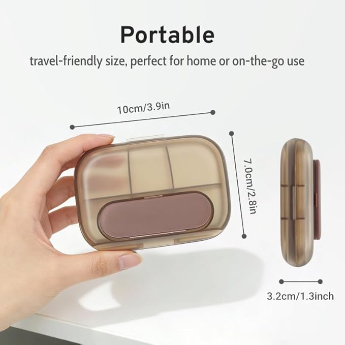 Small Travel Pill Case, Portable Brown Pill Box with Removable Magnetic Mini Pod, Lightproof Moistureproof Pill Dispenser, Compact Medication & Vitamin Organizer