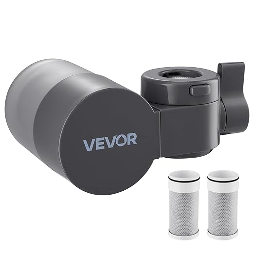 VEVOR Faucet Mount Water Filter, Horizontal Water Purifier for Sink Tap, NSF Certified Carbon Fiber Filter, Removes Chlorine Lead with 3 Filters, Fits Most Kitchen or Bathroom Faucets, Gray