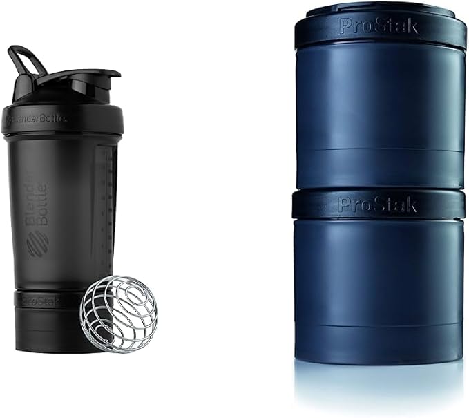 BlenderBottle Shaker Bottle with Pill Organizer and Storage for Protein Powder, ProStak System, 22 Ounce, Midnight Black & ProStak Twist n' Lock Storage Jars Expansion 2-Pak with Pill Tray, All Black