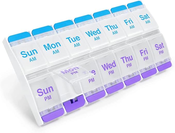 EZY DOSE Push Button AM/PM Weekly (7-Day) Pill Organizer, Weekly 2 Times a Day Medicine Case, Large Compartments for Vitamins Supplements, Arthritis Friendly, Clear Lids (2 Pack)
