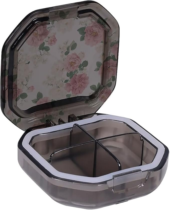 This Portable Vintage Rose Floral Pattern 4-Compartment Pillbox Can Be Placed in A Pocket Or Wallet to Store Vitamins, Medicines Fish Oil Health Supplements Other Medications.