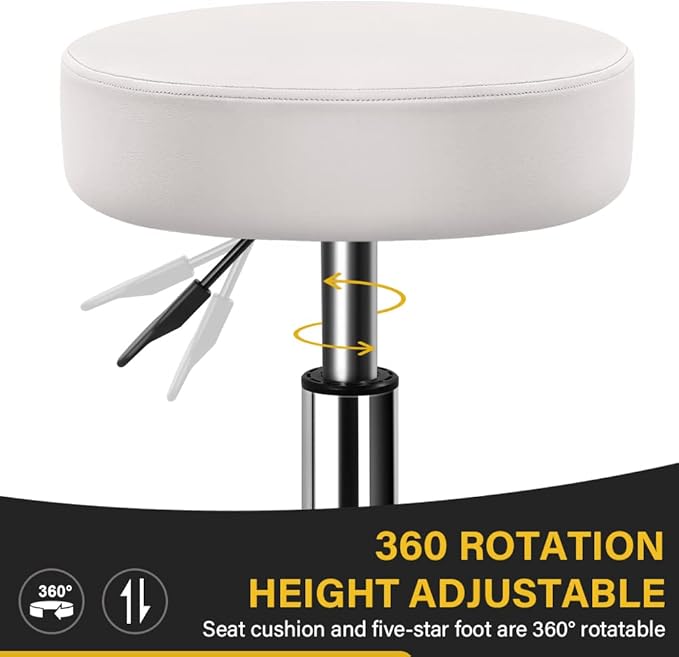 Heavy Duty Rolling Stool with Wheels Hydraulic Swivel Adjustable Rolling Stool Ergonomic Thick Leather Seat Chair for Kitchen Drafting Lab Office Salon Massage – White