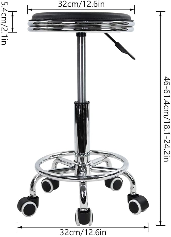 KKTONER Round Rolling Stool with Foot Rest PU Leather Height Adjustment Modern Industrial Metal Style Swivel Spa Salon Tattoo Work Massage Stools Small (Black)
