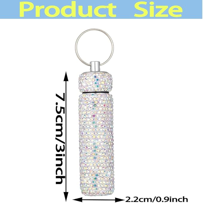 Bling Rhinestone Pill Case Portable Waterproof Pocket Pill Holder Bottle Storage with Keychain for Travel, Outdoor, Camping (ab colorful)