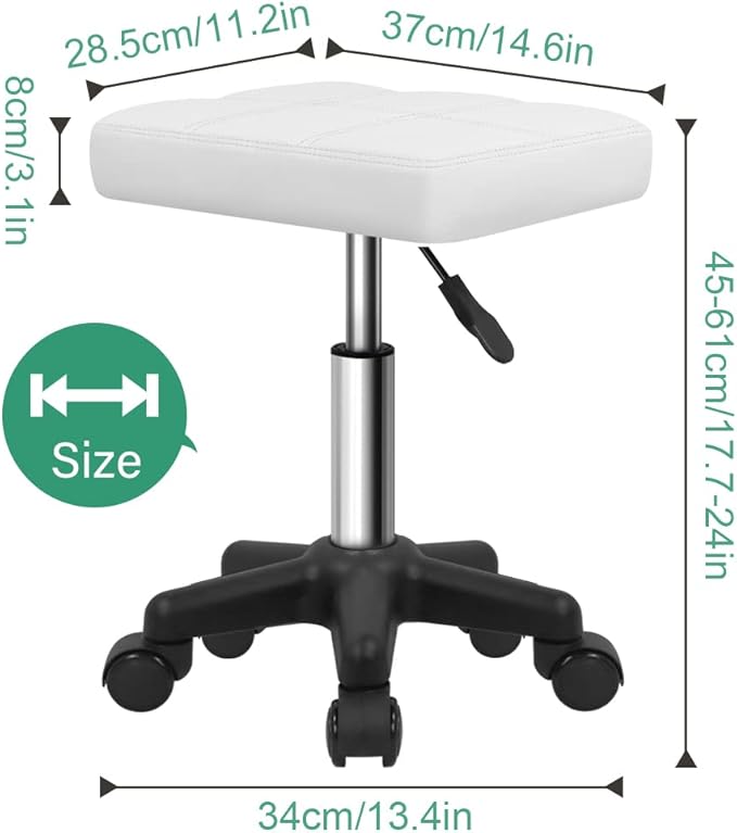 FURWOO Rectangle Rolling Stool with Wheels Height Adjustable Swivel Stool Chair for Spa Salon Massage White