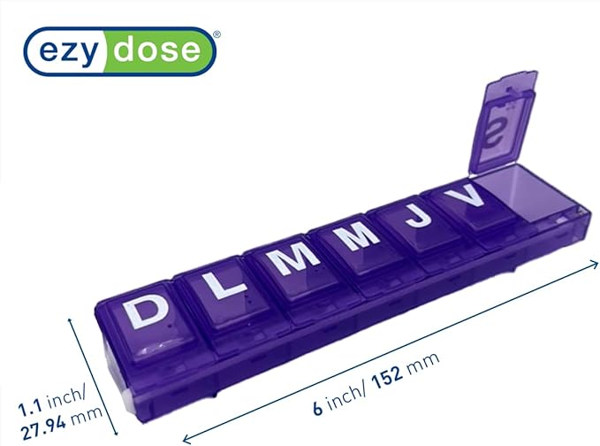 EZY DOSE Weekly (7-Day) Pill Organizer, Vitamin and Medicine Box, Medium Locking Compartments, 4 Times a Day, Colors May Vary, Spanish Imprints