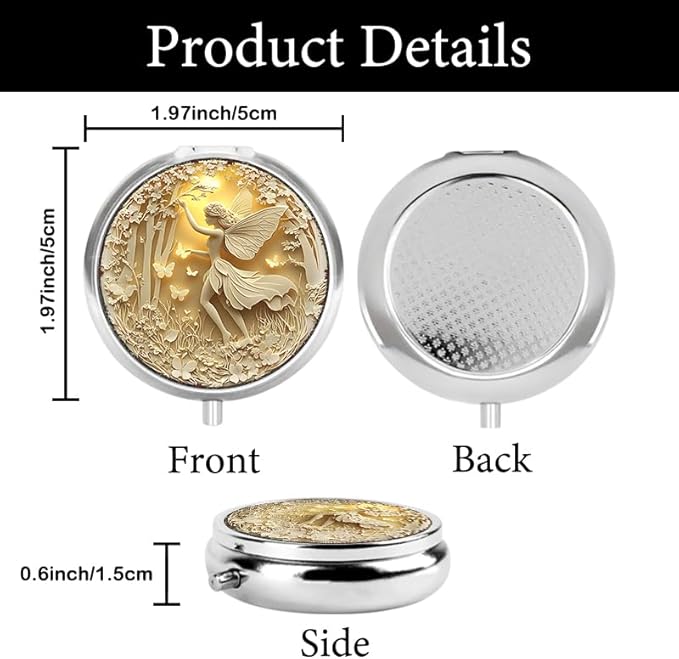 Portable Round 3 Compartment Metal Pill Box Enchanted Fairy & Butterflies Ideal for Kitchen Office Travel or Personal Use