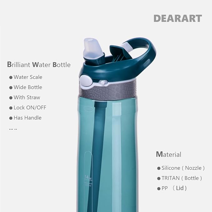 DEARART 2-Pack 24oz Dark Cyan & Black Water Bottles With Straw, Leakproof BPA FREE Hidden Nozzle, Flip Up Lid Has Handle Wide Bottle Easy Clear, Suit Office Outdoor Sports Travel Gym.