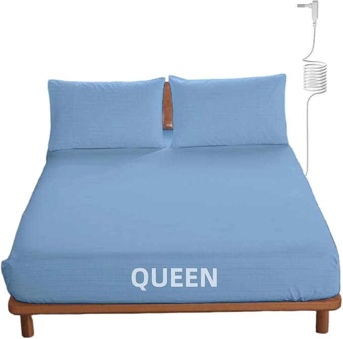 OKOHEY Grounding Fitted Sheets with 15ft Earthing Cord, Queen Size, 90% Organic Cotton + 10% Silver Fiber, Soft & Breathable Grounded Sheet for Better Sleep and Enhanced Wellness, Light Blue
