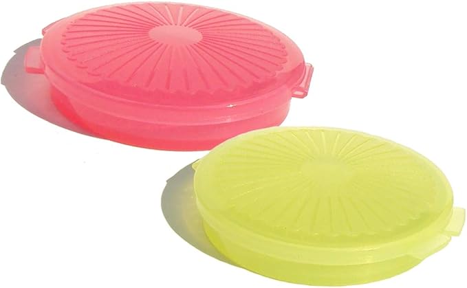 Tupperware Mini Clamshell Pill Keeper Round Pocket Containers Set of 2 Pink and Green