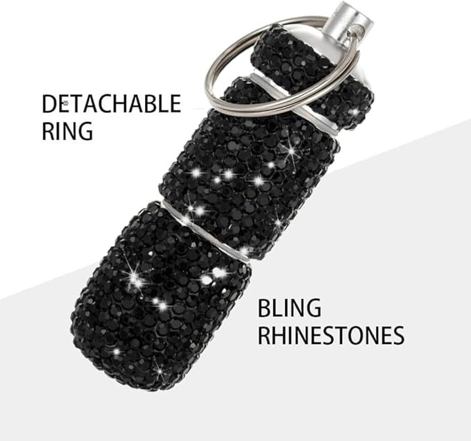 Bling Pill Case Portable Travel Pill Container Bottle Rhinestone Waterproof Small Pill Holder with Keychain Cute Mini Pill Storage Box (Black)