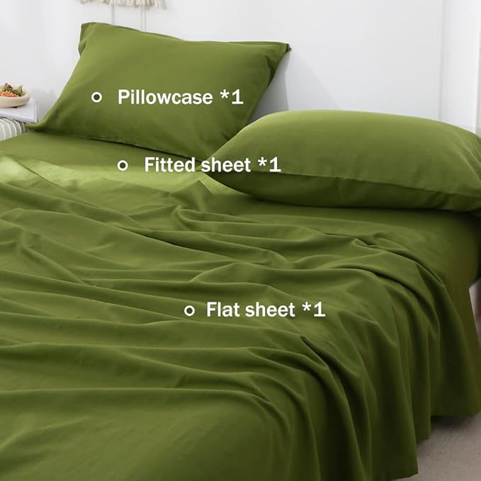 Simple&Opulence Belgian Linen Sheet Set Solid Color - 3 Pieces (1 Flat Sheet, 1 Fitted Sheet & 1 Pillowcase) Natural Flax Cotton Blend Soft Breathable Farmhouse Bedding - Twin Size, Forest