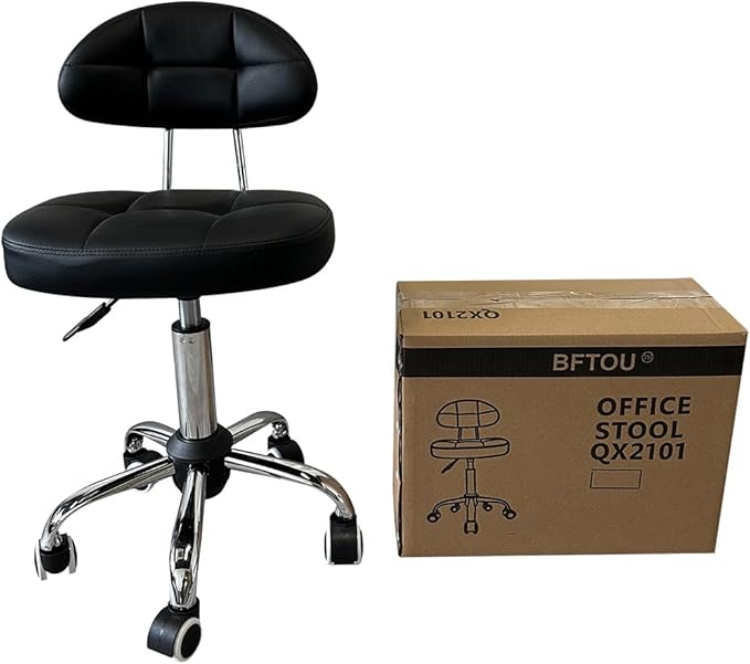 Black Square Minimalist Swivel Stool with Wheel for Work SPA Shop Massage Height-Adjustable and Cost-Effective Rolling Stool Chair with Back