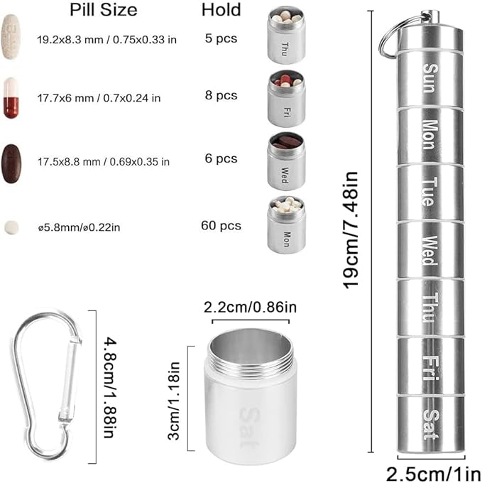 Tvoip Portable Pill Case Keychain Waterproof 7 Days Pill Holder Travel Pill Container Portable Medicine Keychain Daily Airtight Pill Organizer for Outdoor Camping Travel (Silver)