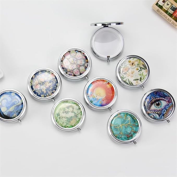 3-Compartment Pill Organizer with Mirror Retro Small Bronze Pill Case for Purse, Floral Design Travel Pill Box for Vitamins, Fish Oil, Supplements | Portable & Compact (Color B, Three Compartments)