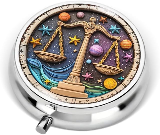 Portable Round 3 Compartment Metal Pill Box Fair Libra Zodiac Print for Kitchen Office Coffee Cafe Use