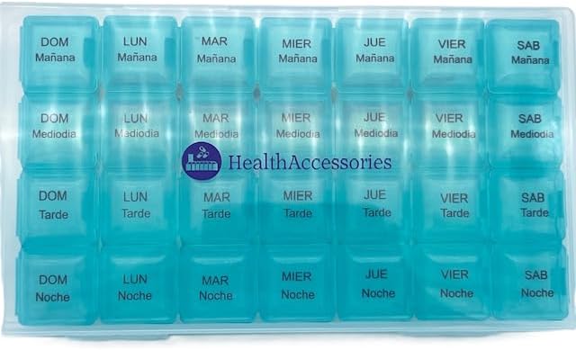 Spanish Pill Box 7 Day Four Times a Day Weekly Pill Planner Organizer - Large Compartment Pill Boxes Store medications for Entire Week. Cuatro veces al día Durante UNA semana.