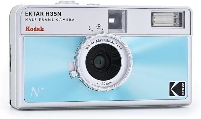 Kodak EKTAR H35N Half Frame Film Camera, 35mm, Reusable, Focus-Free, Bulb Function, Built-in Star Filter, Coated Improved Lens (Film & AAA Battery are not Included) (Glazed Blue)