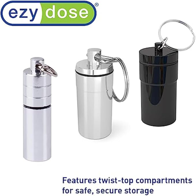 EZY DOSE Keychain Pill Box and Medicine, Vitamin Container, Safe for Money & Travel Items, Metal Canister, Medium Compartments, Various, BPA Free