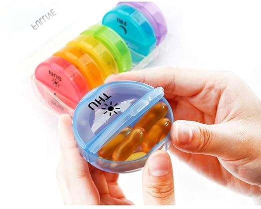 Daily Pill Organizer (Twice-a-Day) - Weekly AM/PM Pill Box, Round Medicine Organizer, 7 Day Pill Container, Vitamin Organizer for Vitamin Fish Oils Supplement