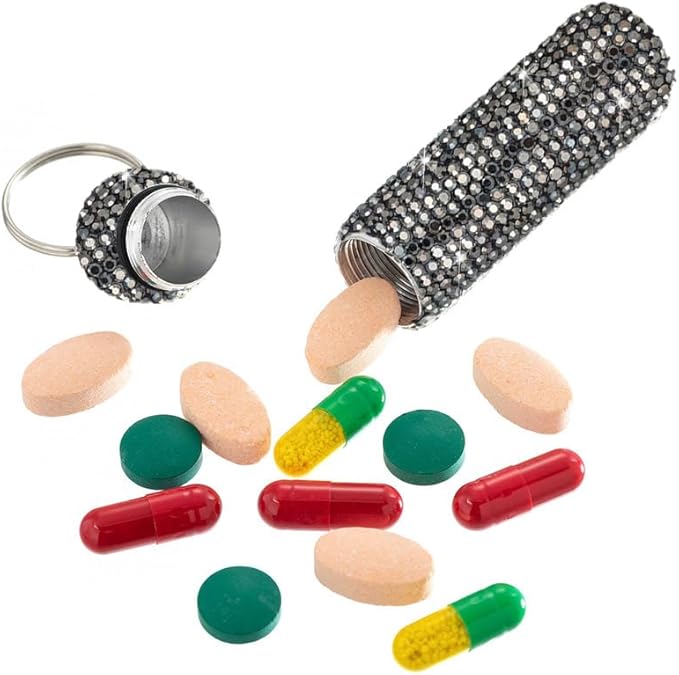 Bling Rhinestone Pill Case Portable Waterproof Pocket Pill Holder Bottle Storage with Keychain for Travel, Outdoor, Camping (bright black)
