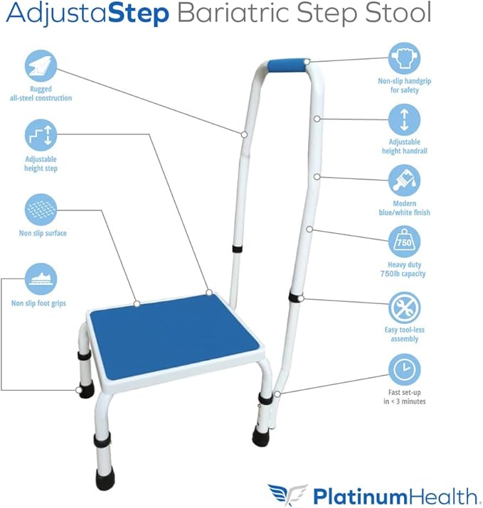 Platinum Health AdjustaStep BARIATRIC Deluxe Step Stool/Footstool with Handle/Handrail, Height Adjustable. 2 Products in 1. Modern White/Blue Design. Padded Non-Slip Handle. 750lb Capacity.