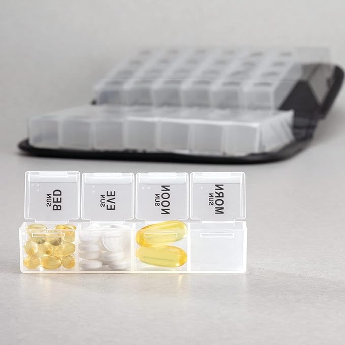 Easy Comforts 14 Day Pill Holder, Travel Case Medication Reminder Pill Box with Detachable Compartments, Black