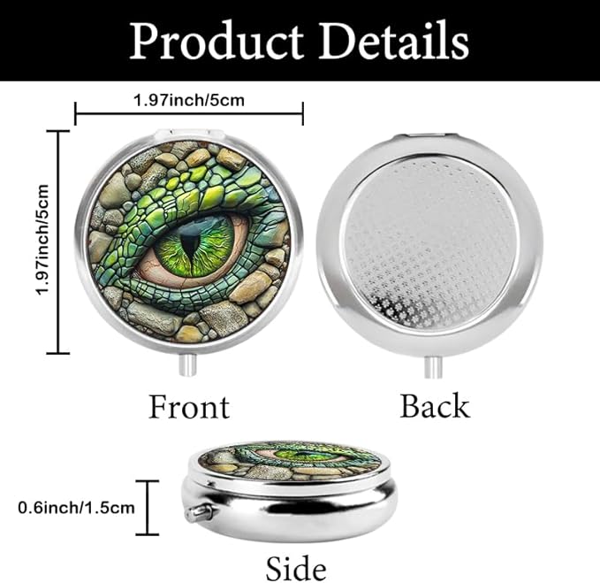 Portable Round 3 Compartment Metal Pill Box Eye of The Jade Dragon Print for Home Office Travel Medication Organization
