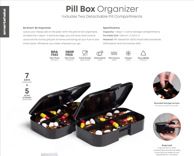 Smartshake DC Comic Pill Box Organizer (Pack of 2) Portable Size, BPA Free - Medicine Storage Box for Daily Use - 7-Day Portable Pill case for Travel, Vitamin, and Supplement (Superman)