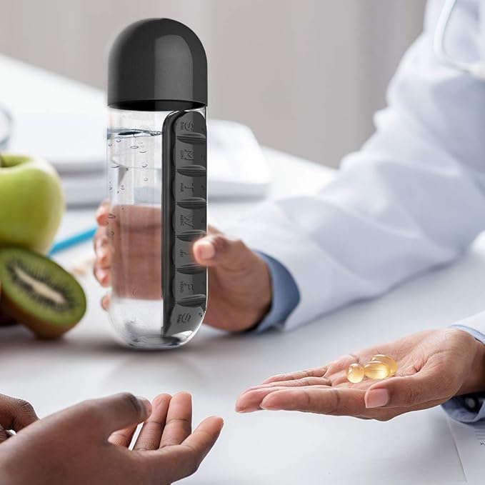 Asobu Combine Daily Pill Box Organizer with Water Bottle, 20 oz, Black (Black)