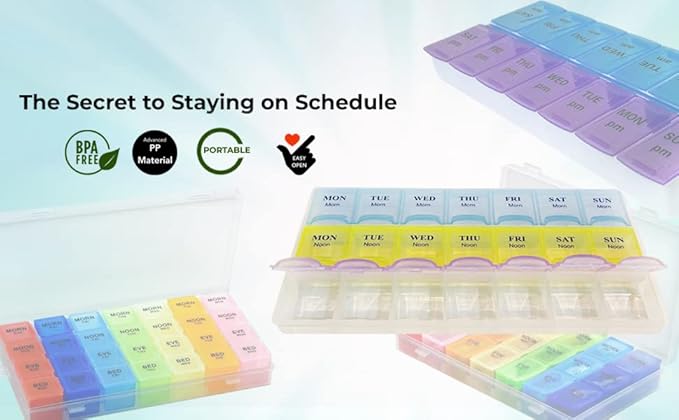 Weekly Pill Organizer with Snap Lids |7-Day Morn/NOON/Night |for Pills, Vitamin.