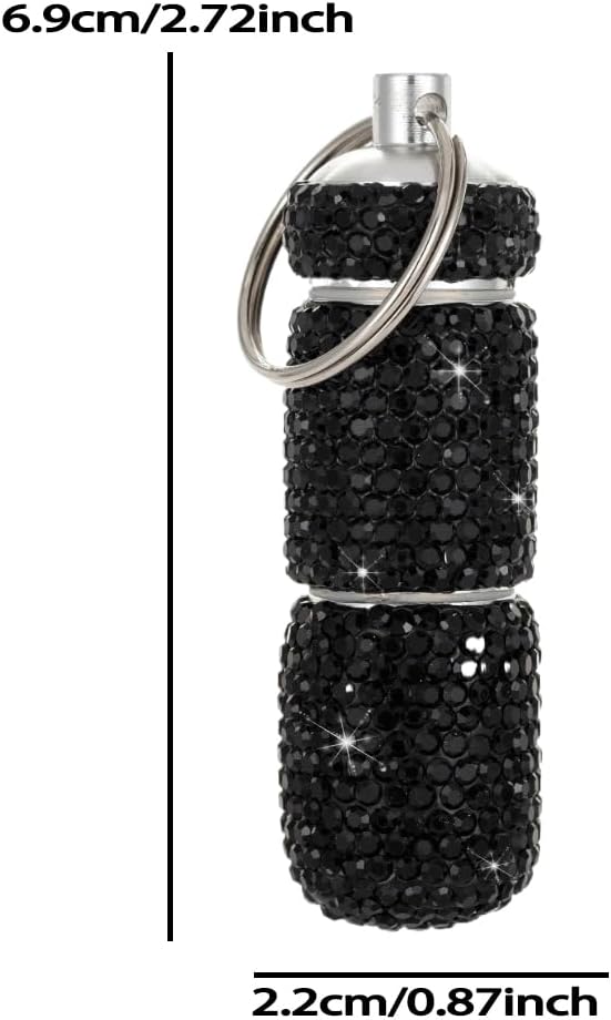 Bling Pill Case Portable Travel Pill Container Bottle Rhinestone Waterproof Small Pill Holder with Keychain Cute Mini Pill Storage Box (Black)