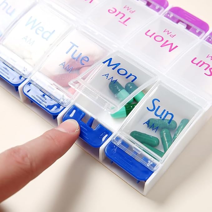 Daily Pill Case Organizer, 7-Day Weekly Medicine Planner Organizer, AM PM, Large Tray 14-Compartment Meds Box Container Holder for Medication, Vitamin, Supplement, Fish Oil, Purple + Blue