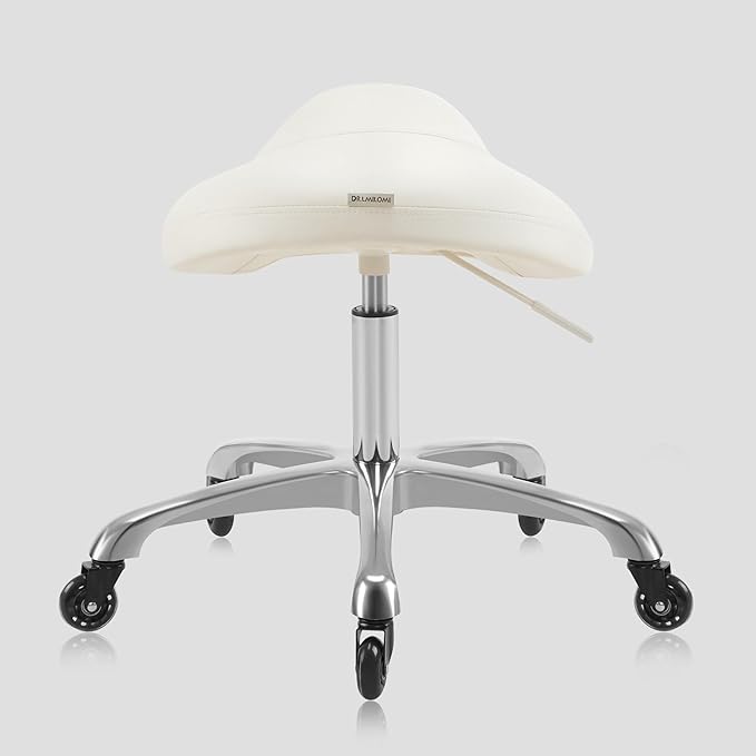 Heavy-Duty Ergonomic Pneumatic Swivel Rolling Saddle Stool with Extra Wide Seat for Hygienic Clinic Spa Massage Home and Office - 505 KIMO (Vanilla)