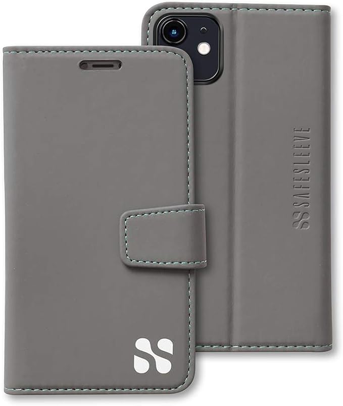 SafeSleeve Wallet Leather Case for iPhone 12 Mini EMF Blocker for Cell Phone with 3 Card Holder & Adjustable Stand – Magnetic Closure, and Magnetic Folio Protection for Daily Use (Grey)