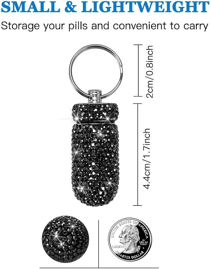 Portable Pill Case Pill Container Waterproof Pill Holder with Keychain Bling Pill Box Medicine Dispenser Bottle Storage for Outdoor Camping Travel (Black)
