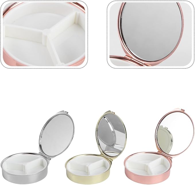 FRCOLOR Portable Round Pill Organizer with Mirror 3 Compartments Airtight Moisture Resistant Compact Medicine Storage Case for Travel and Daily Use