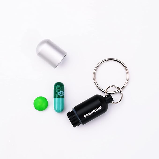 munkees Portable Pill Case Small Waterproof Capsules EDC Keychain, Travel Pill Bottle for Camping, Hiking, Backpacking, Compact Valuables Container for Outdoors 2-Pack