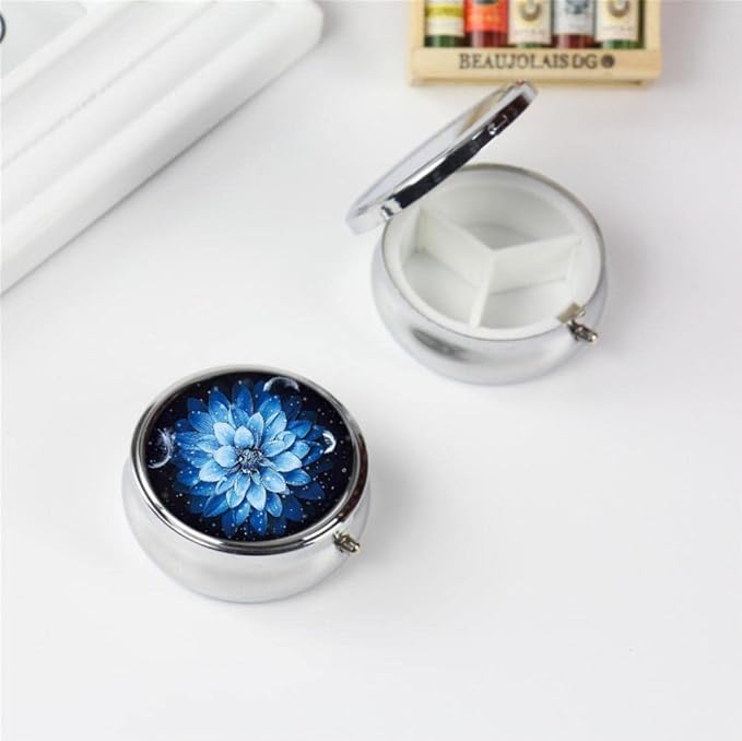 Pill Box,Blue Flower Round Pill Box 3 Compartment Decorative Pocket Purse Portable Mini Travel Medicine Tablet Vitamin Holder Organizer Pill Case