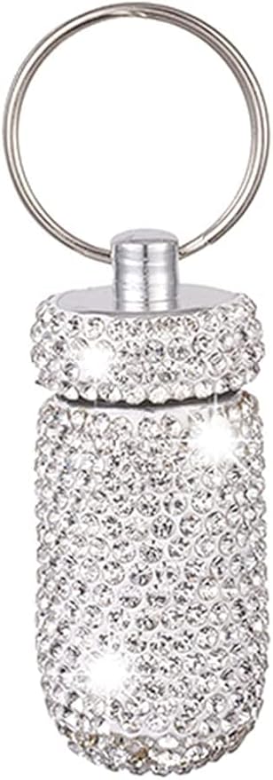 Pill Holder Keychain, Medicine Holder Pill Container Keychain Mini Size Waterproof and Light Weight Portable Pill Bottle Case, Bling Aluminum Key Chain for Outdoor Camping Traveling (White)