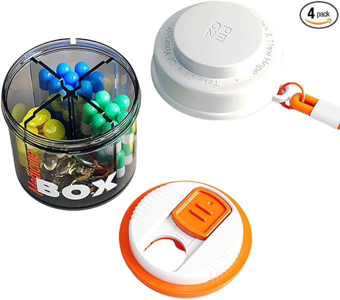 Small Pill Box, Travel Pill Organizer, 4 compartments for Pill Bottles, fits in Pocket, Handbag Pill Organizer, Travel Pill case (White)