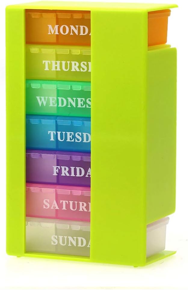 7 Day Weekly AM PM Pill Case Organizer, Travel 21 Compartment Meds Capsules Reminder, Large Daily Medicine Dispenser Planner for Vitamin, Fish Oil, Supplement, Medication, with Green Tray