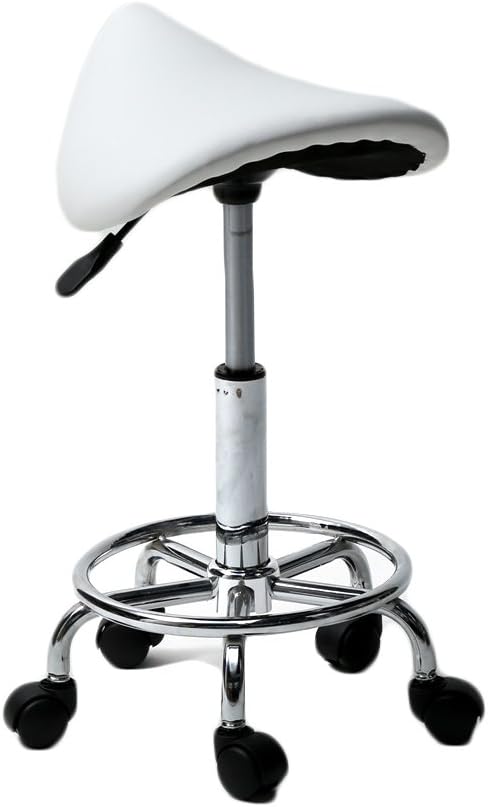 U-Kiss PU Leather Round Rolling Stool with Foot Rest Swivel Height Adjustment Medical Spa Drafting Salon Tattoo Work Office Massage Stools Task Chair,Kitchen,Salon,Bar,Office,Massage (White 2)