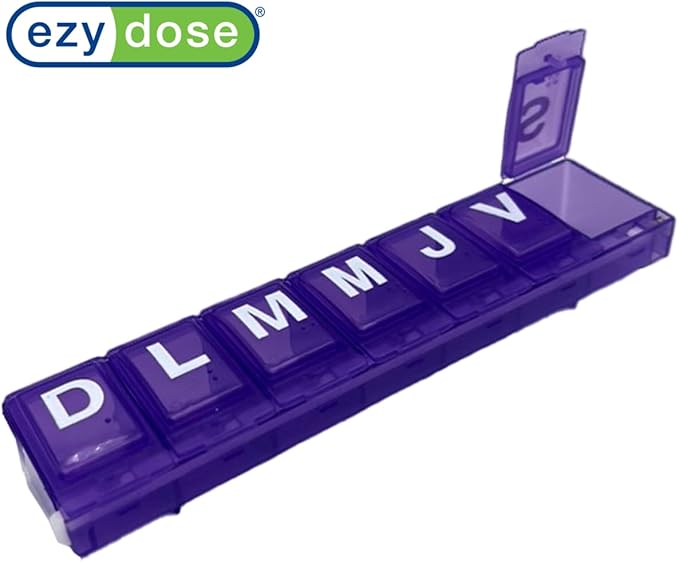 EZY DOSE Weekly (7-Day) Pill Organizer, Vitamin and Medicine Box, Medium Locking Compartments, 4 Times a Day, Colors May Vary, Spanish Imprints